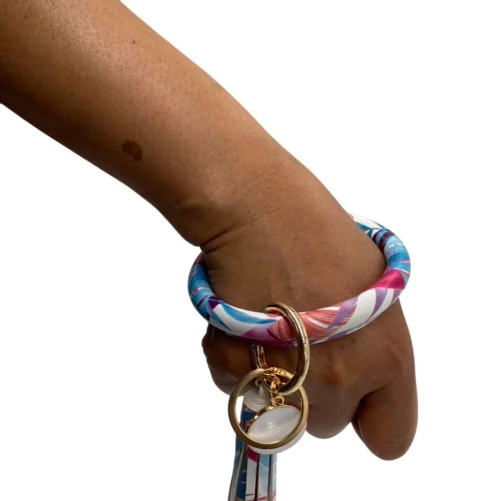 Leather‎ Tassel Bangle Keychain Beach Leaves Design Gold Charms & Rings Wristlet